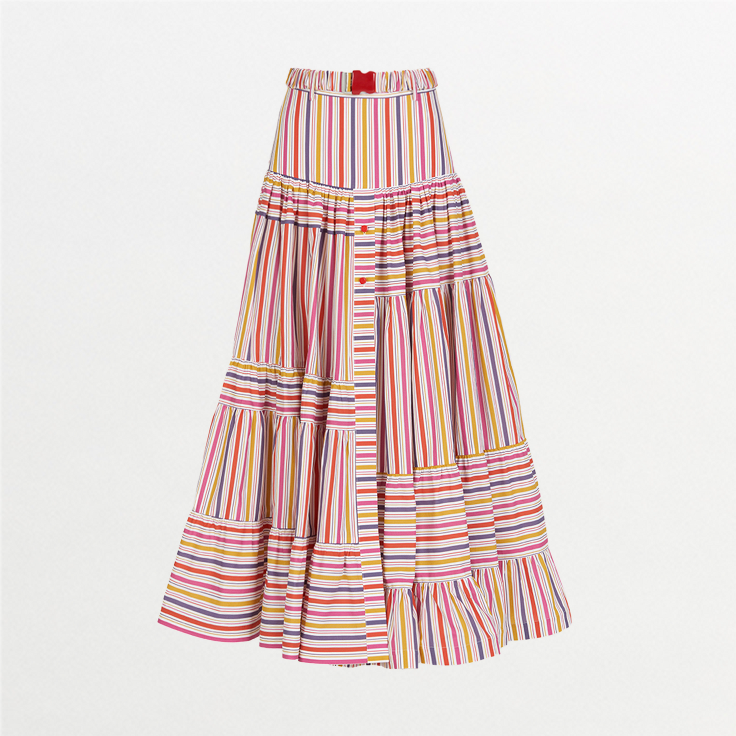 The Magnolia Skirt Golden Magenta Stripes by Silvia Tcherassi features colorful stripes and ruffles for a playful look.