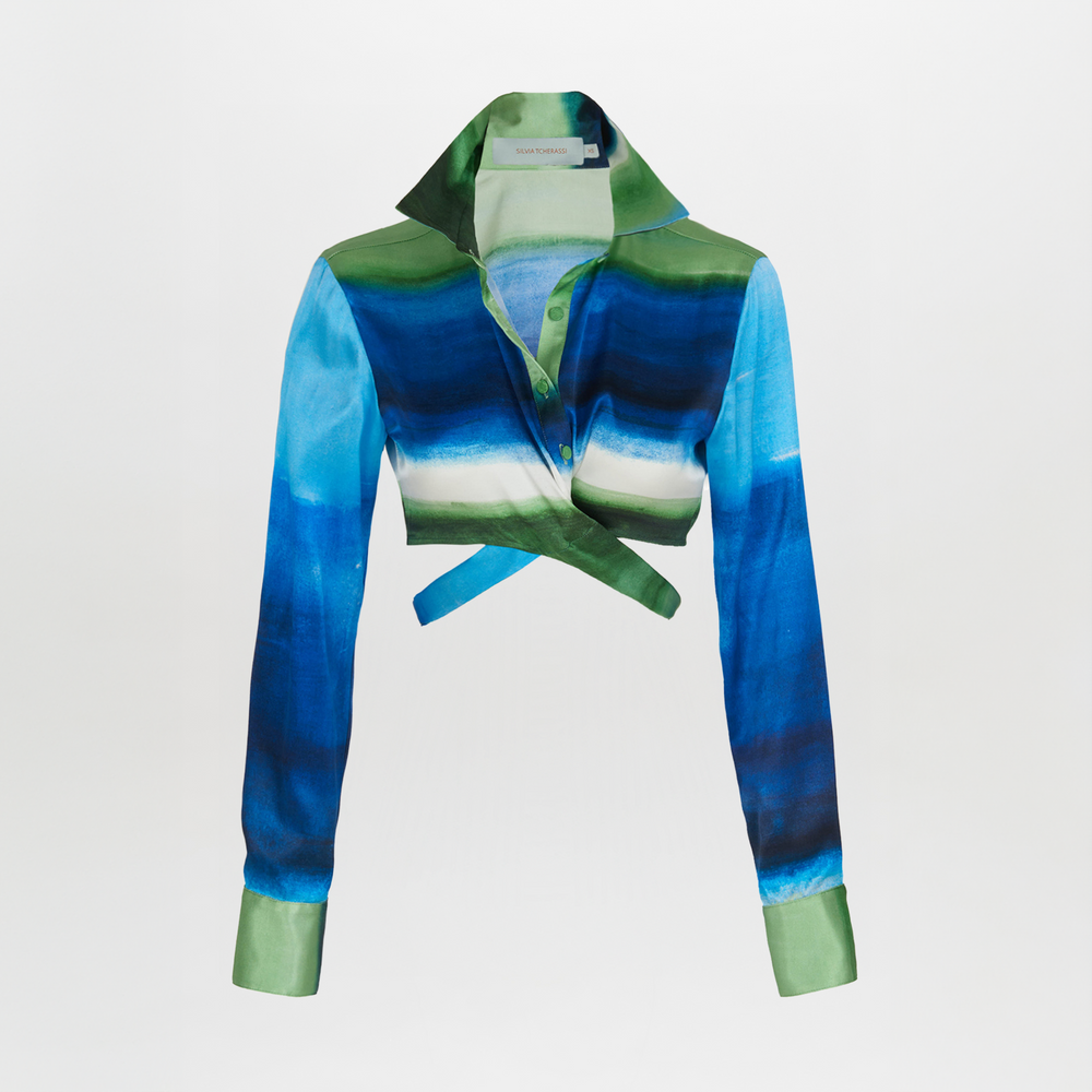Marcel Blouse Washed Emerald Blue with blue and green watercolor design on a white background.