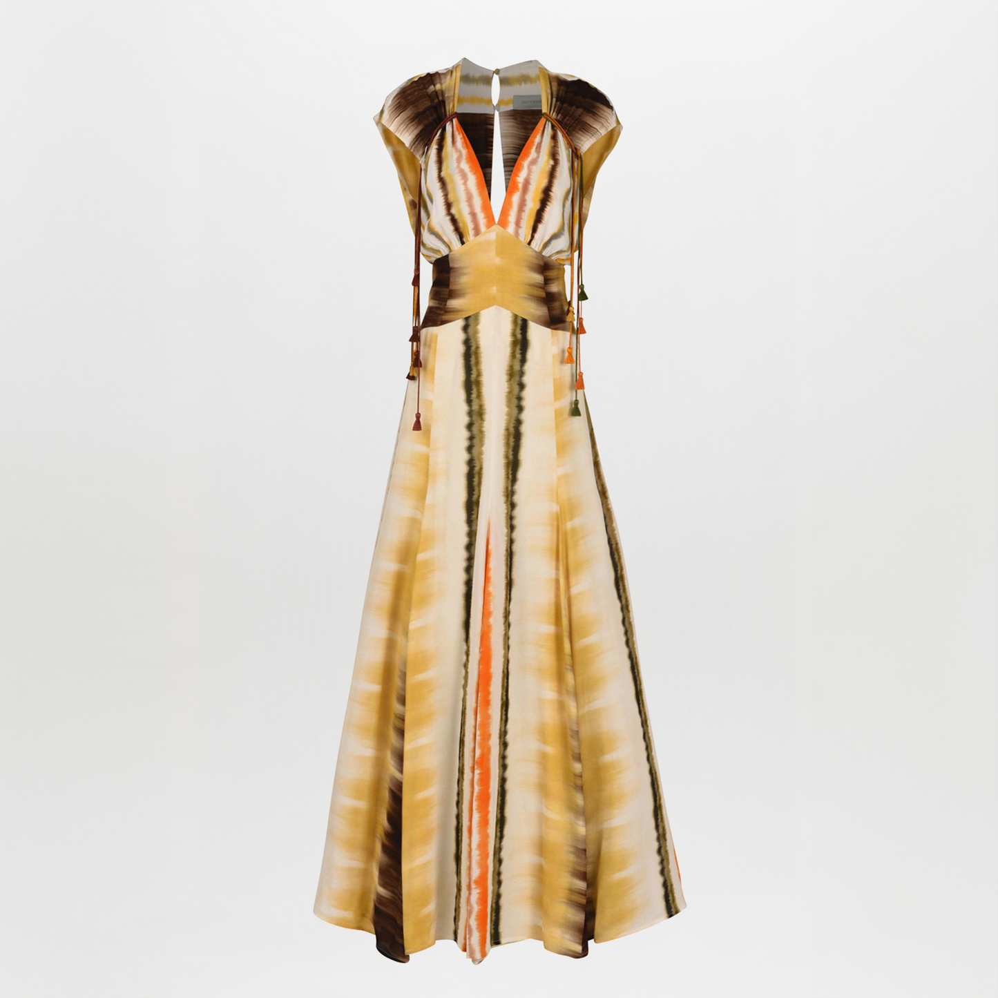 The Marion Dress Multi Hazy Stripe from the Resort 2023 collection features a sleeveless, floor-length design with a multi hazy stripe print in yellow, orange, and brown. It boasts a v-neckline and keyhole opening at the back.