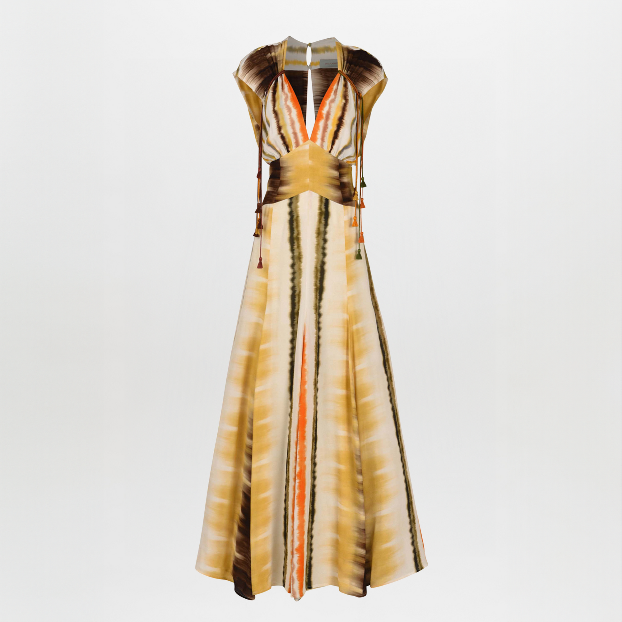 The Marion Dress Multi Hazy Stripe from the Resort 2023 collection features a sleeveless, floor-length design with a multi hazy stripe print in yellow, orange, and brown. It boasts a v-neckline and keyhole opening at the back.