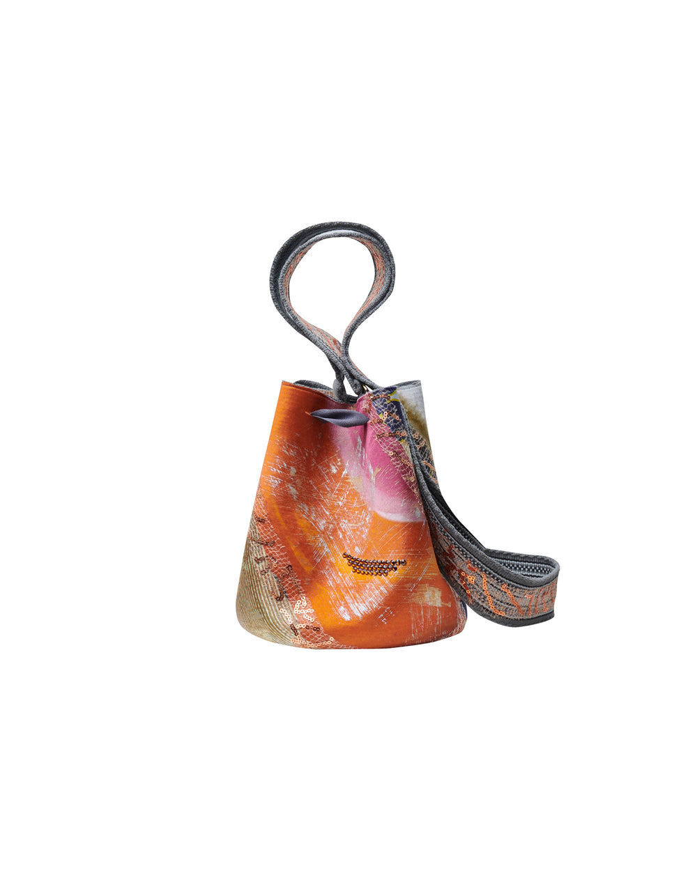 A colorful Mochila Laaput Small Gray handbag with a floral design and a hand-woven strap isolated on a white background.