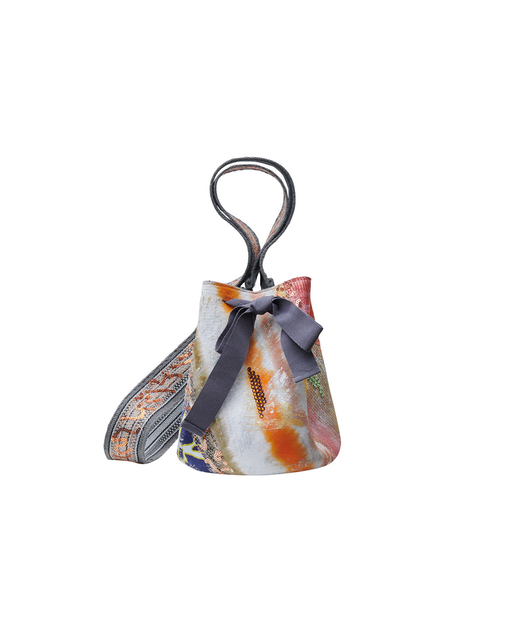 A colorful Mochila Laaput Small Gray handbag with a floral design and a hand-woven strap isolated on a white background.
