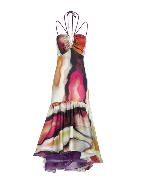 A Mogador Dress Iridescent Marble with a colorful print on it.
