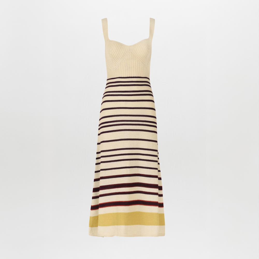 Sleeveless a-line Muriel Dress Multi Mustard Stripe with a beige top and horizontal stripes in black, red, and yellow on the skirt, displayed on a white background.