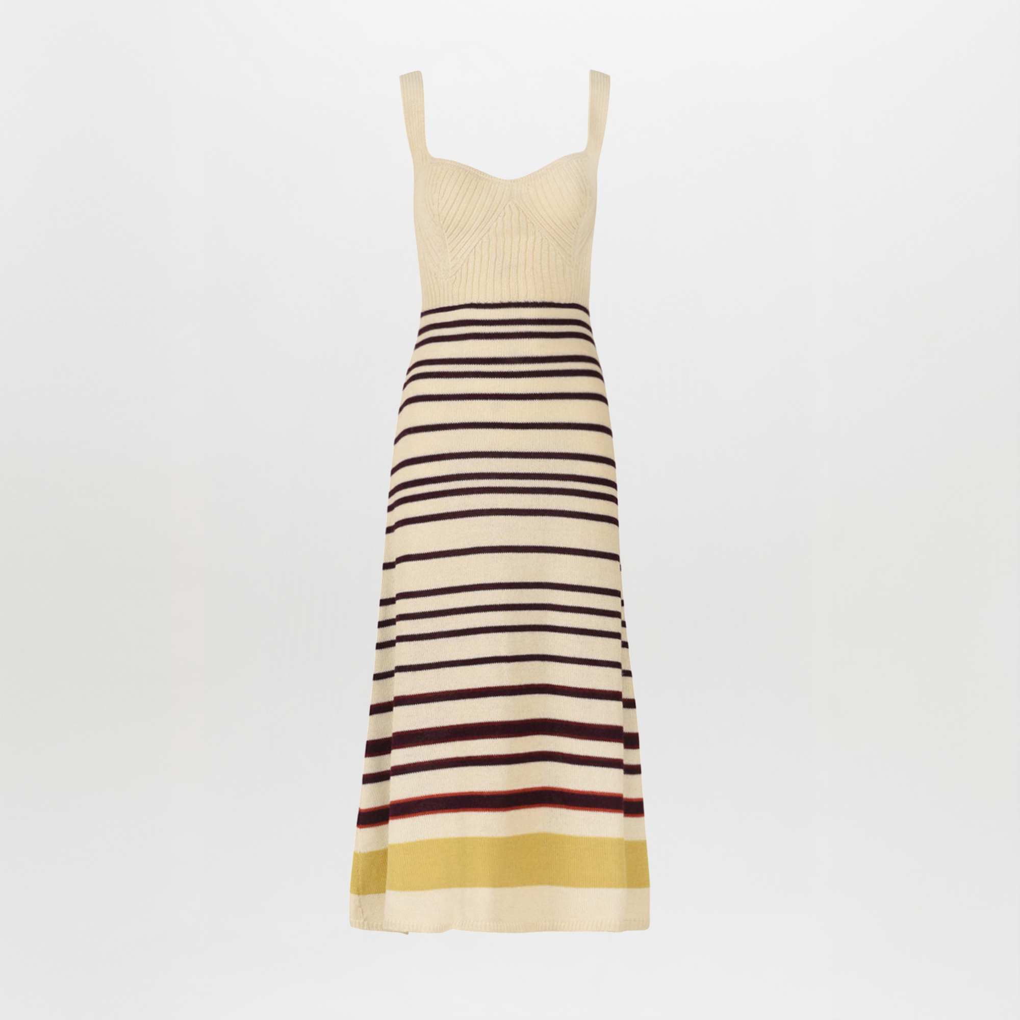 Sleeveless a-line Muriel Dress Multi Mustard Stripe with a beige top and horizontal stripes in black, red, and yellow on the skirt, displayed on a white background.