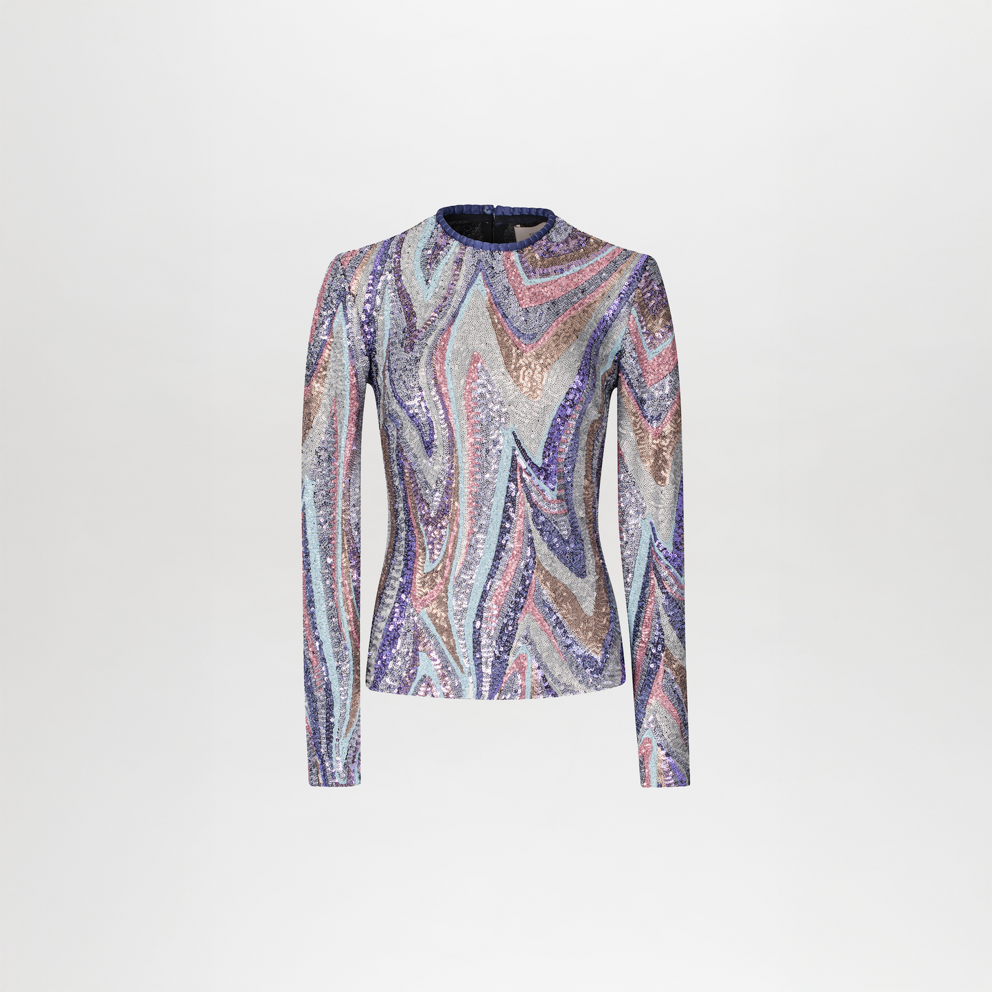 The Nara Top is a long-sleeve sequin blouse with a multicolor abstract pattern and high neckline, shown on a plain white background.