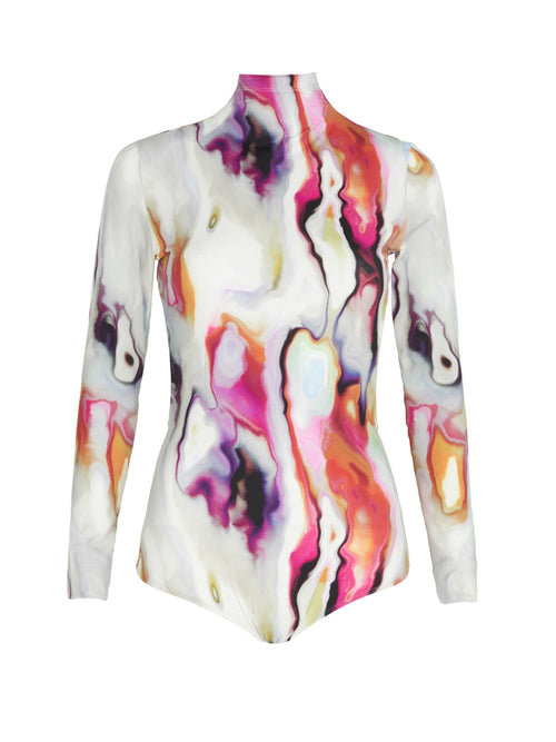 Olante Bodysuit Iridescent Marble with long sleeves on a white background.