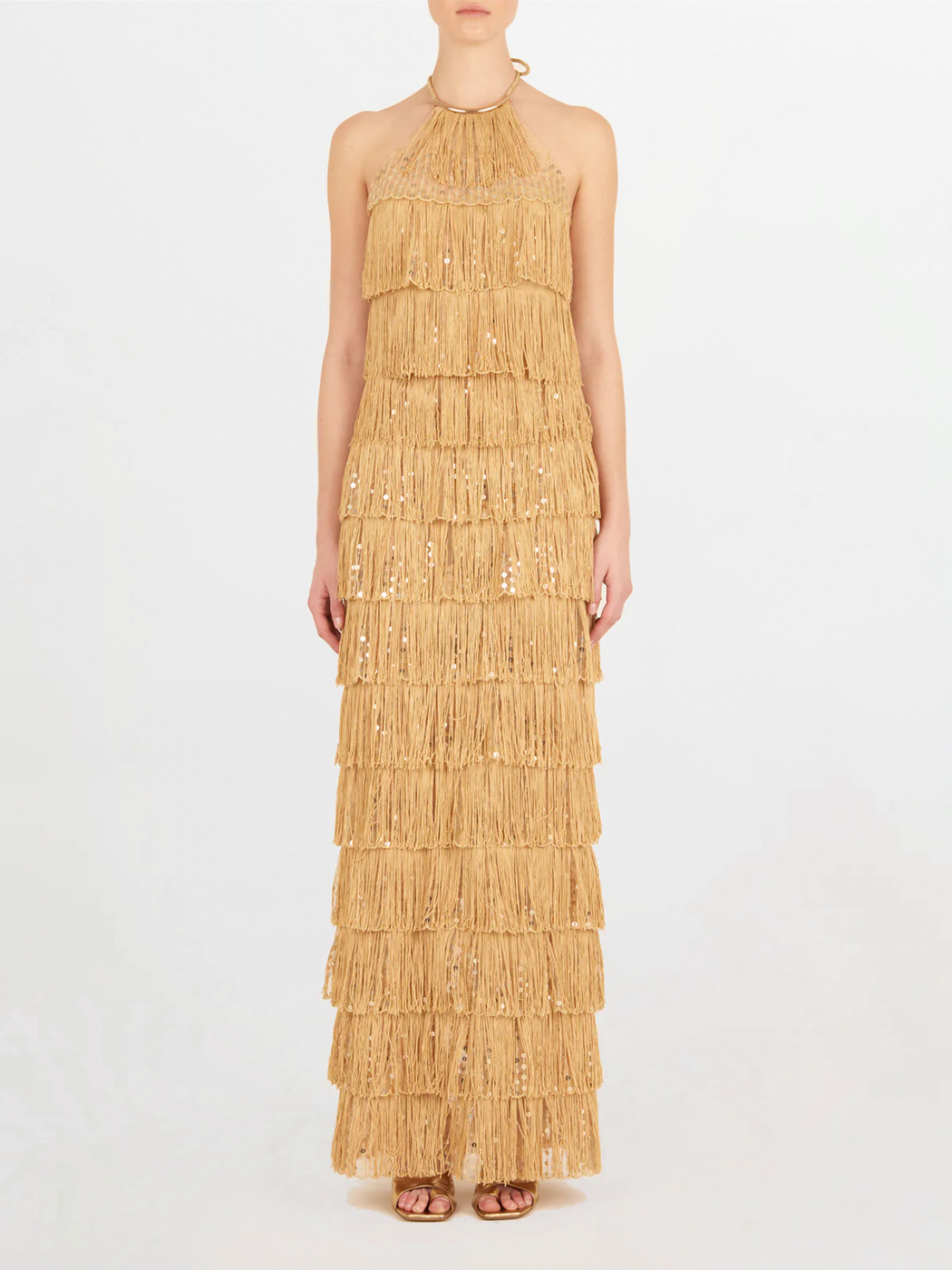 Oriana Dress Gold with tiered gold fringe detailing, displayed on a white background.
