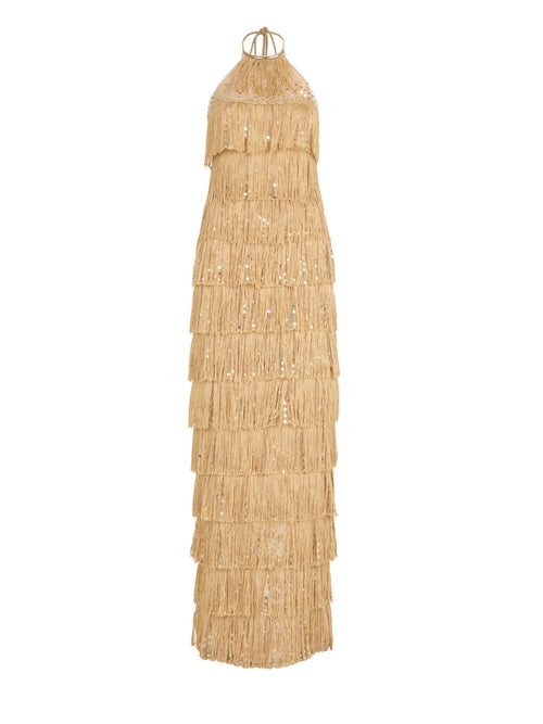 Oriana Dress Gold with tiered gold fringe detailing, displayed on a white background.