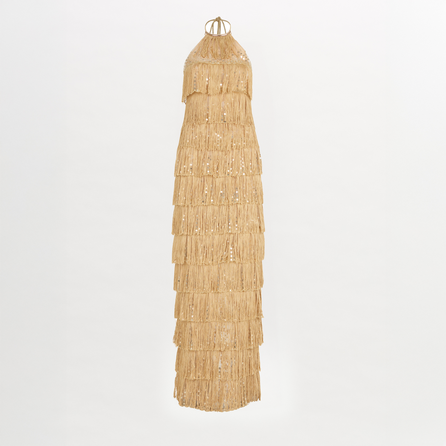 Oriana Dress Gold with tiered gold fringe detailing, displayed on a white background.