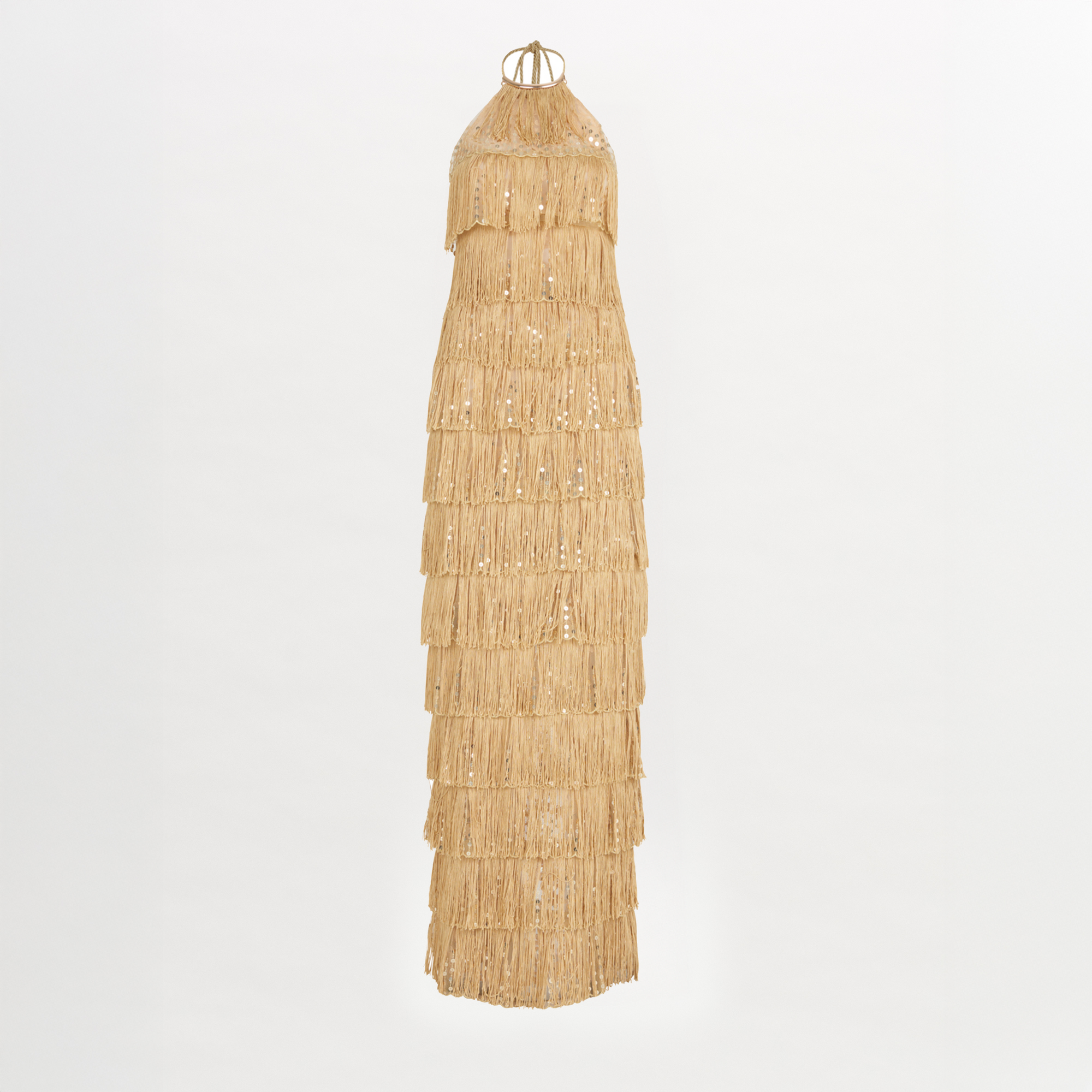 Oriana Dress Gold with tiered gold fringe detailing, displayed on a white background.