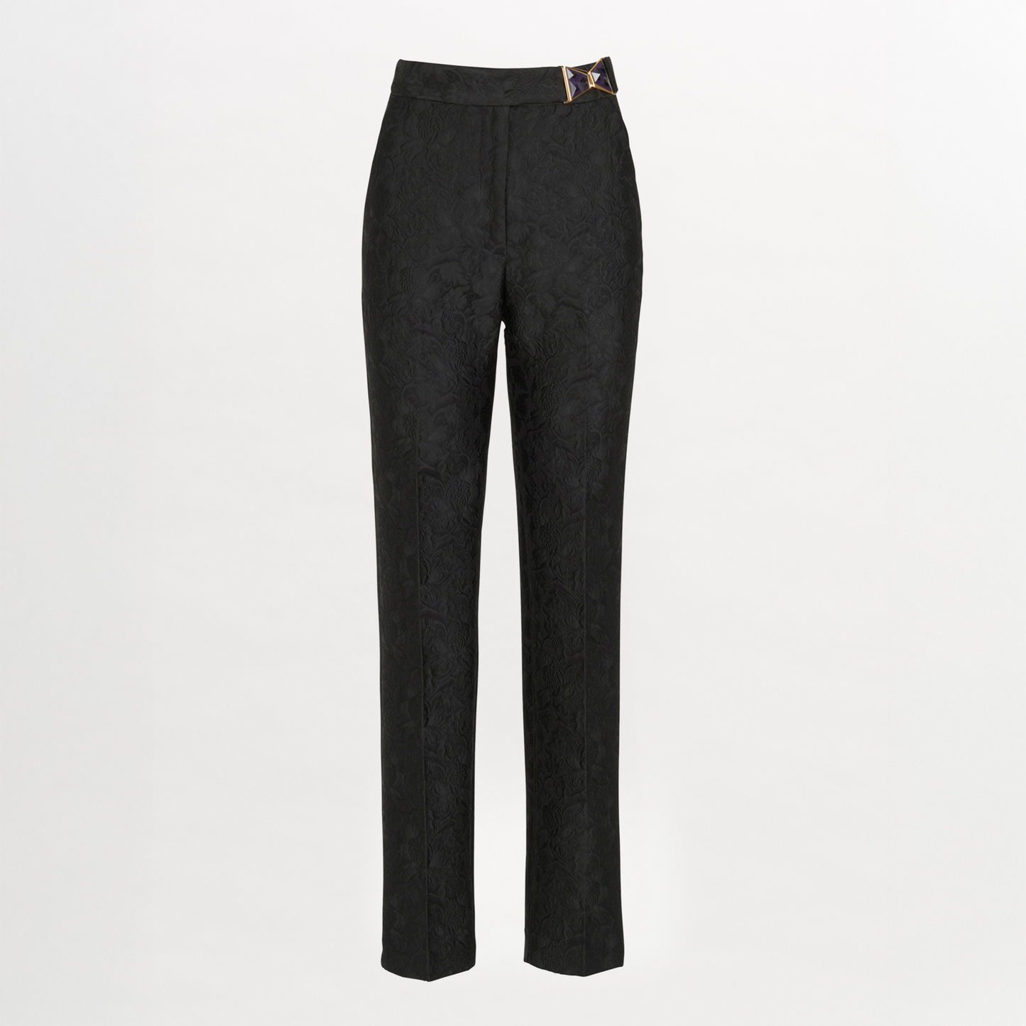 Orion Pant Black high-waisted pants with a patterned design and a gold detail on the waistband.