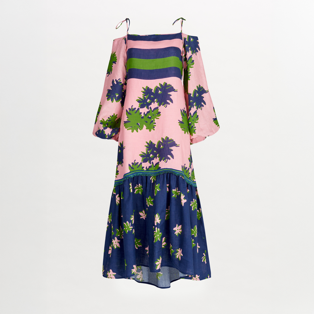 Oristano Dress Navy Pink with off-the-shoulder style and blue and green flowers on it.