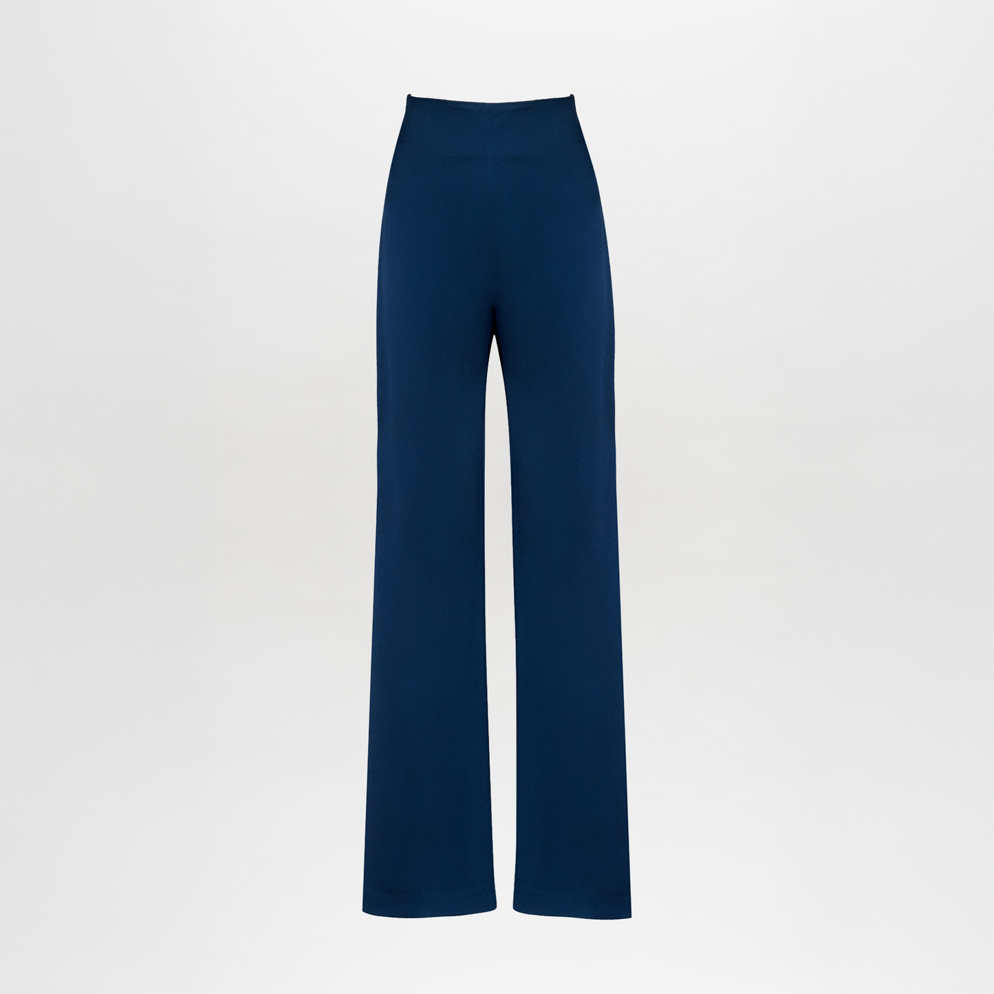 The Palermo Pant in navy blue flaunts a chic hammered texture and a flattering high-waisted, wide-leg silhouette, styled against a pristine white background.