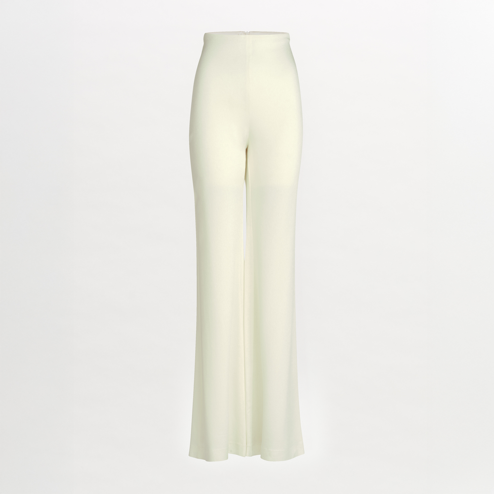 The Palermo Pant features a high-waisted, wide-leg silhouette in cream hammered satin, shown against a plain white background.