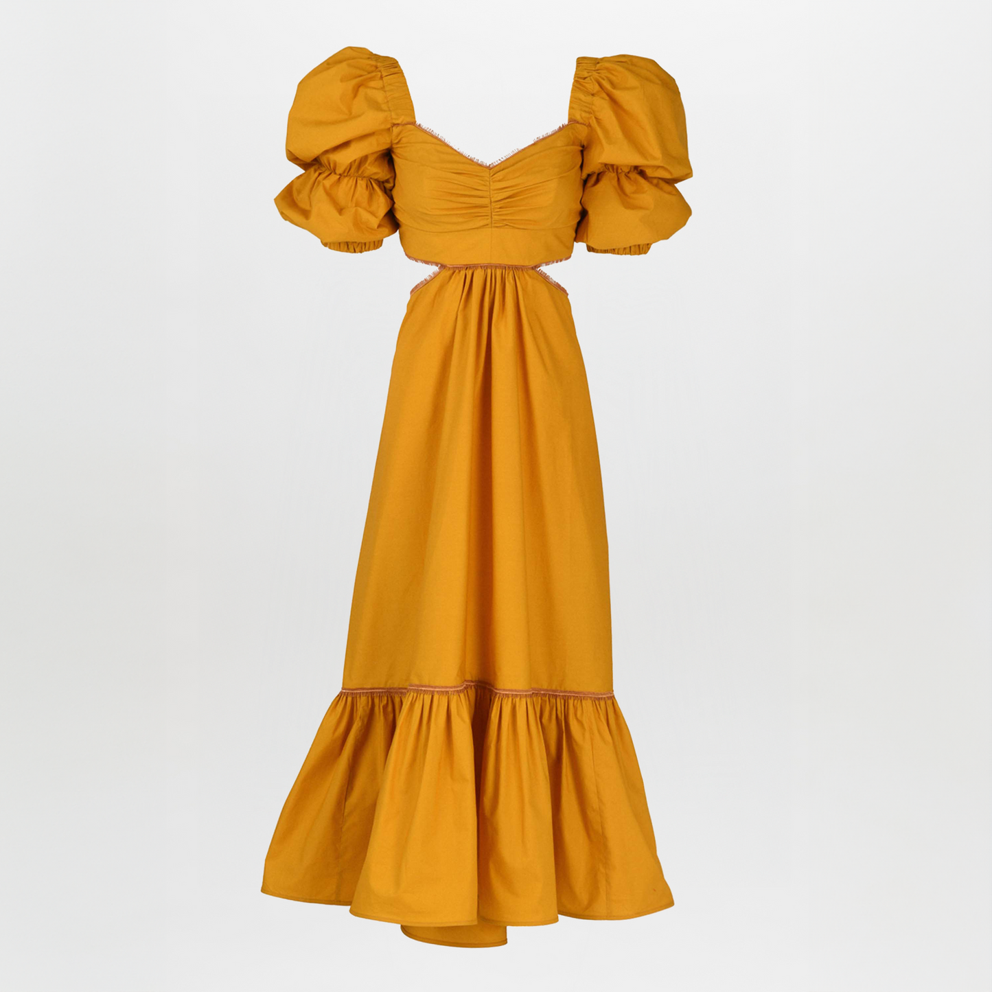 Introducing the Peggie Dress Marigold, a stunning Silvia Tcherassi dress in mustard yellow, featuring puffed sleeves, a fitted bodice, side cutouts, and a ruffled hem—an essential piece from Resort 2023.