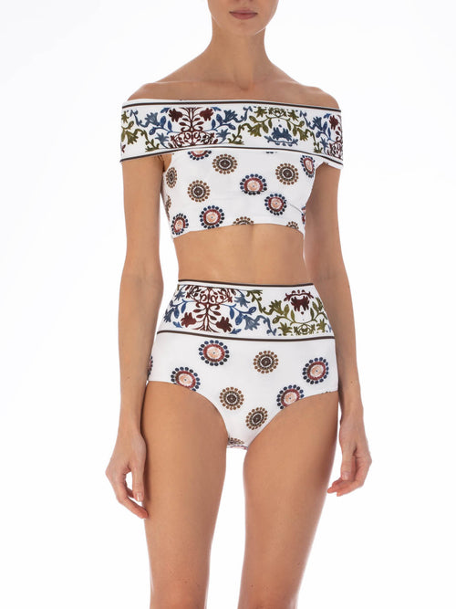 High-waisted Pineto Top + Hilaria Bikini Bottom Multi Sepia Floral with an abstract print, featuring an off-the-shoulder ruffled top and matching bottoms, isolated on a white background.