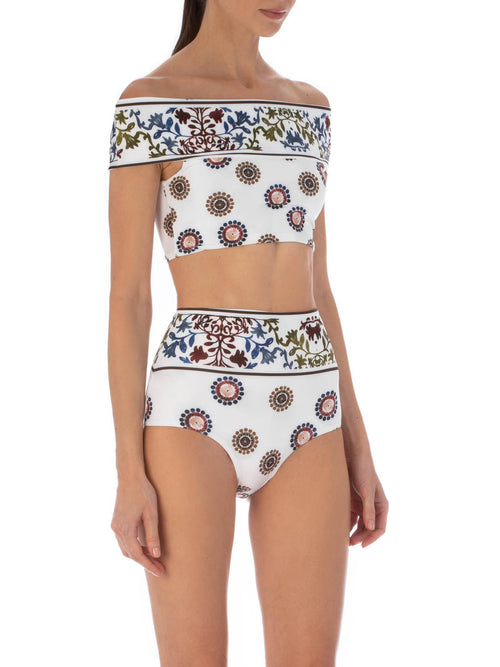 High-waisted Pineto Top + Hilaria Bikini Bottom Multi Sepia Floral with an abstract print, featuring an off-the-shoulder ruffled top and matching bottoms, isolated on a white background.