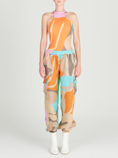 A girl's Jess Pant Pastel Multi Swirls with an elastic waistband.