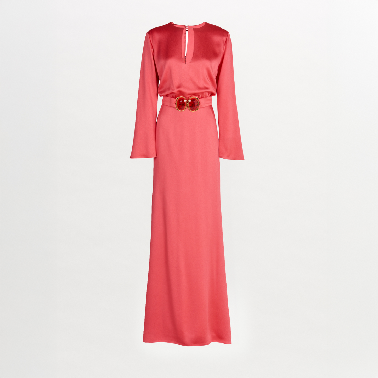A sleek Ravenna Dress Coral floor-length dress with a belt.