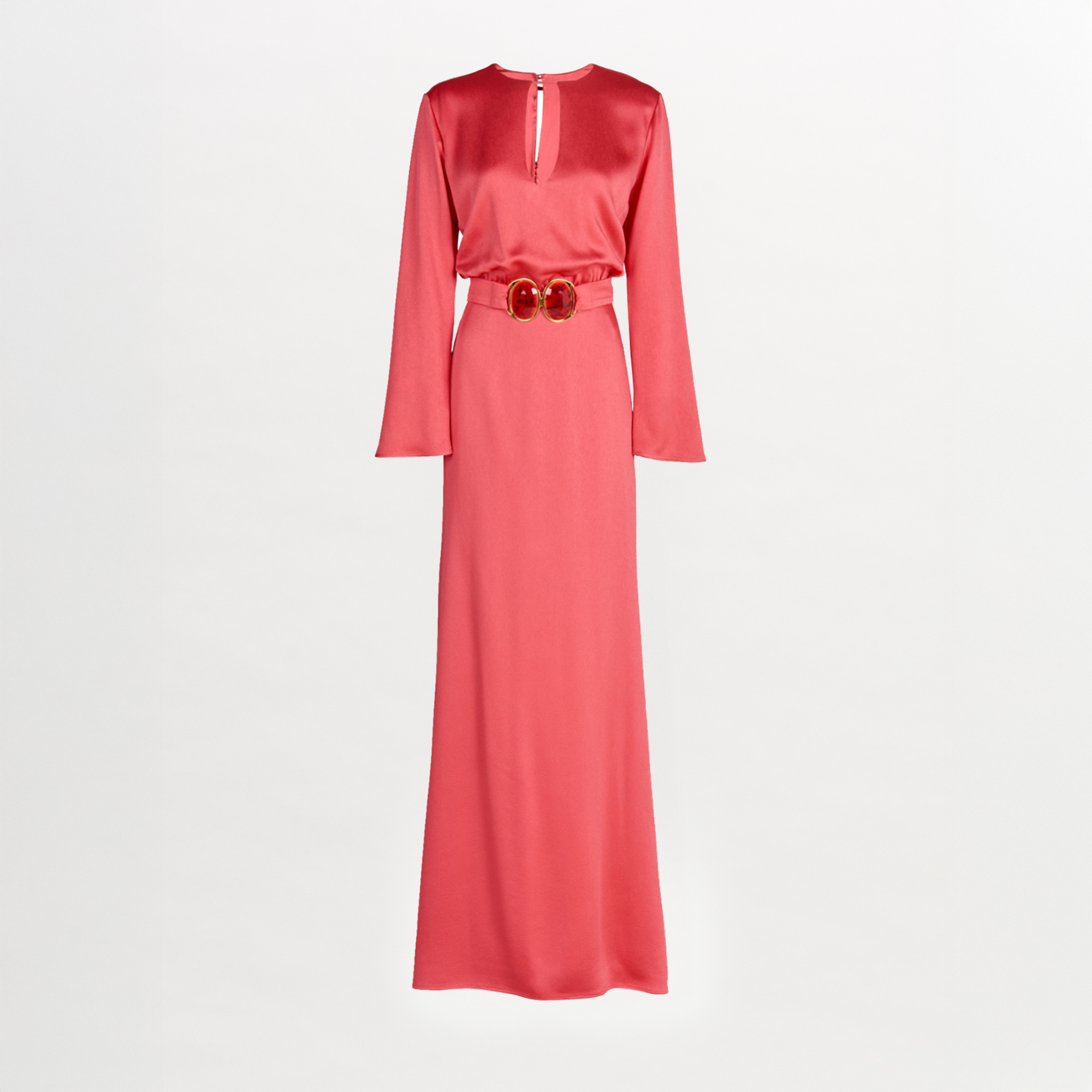 A sleek Ravenna Dress Coral floor-length dress with a belt.