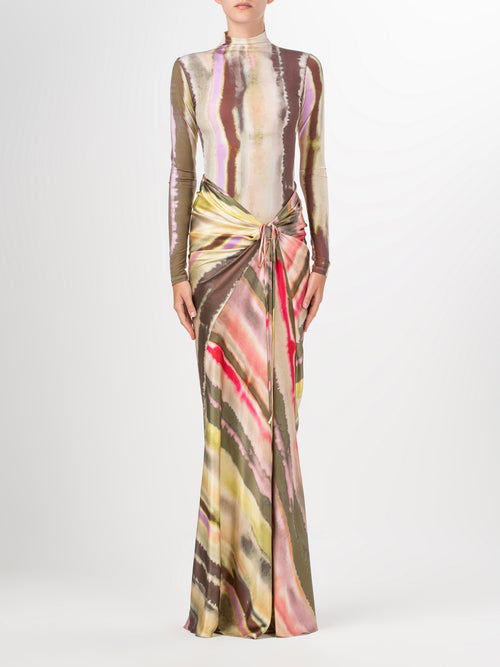 A women's Olante Bodysuit Artichoke Pink Abstract Stripes in lycra fabric.