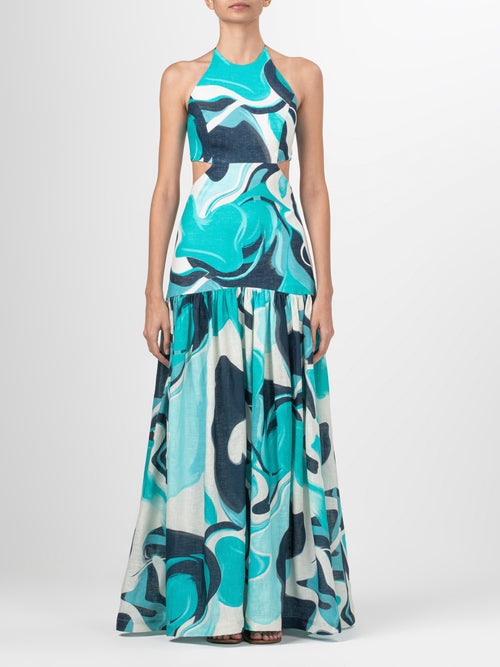 A Rosalia halter dress with an abstract print.