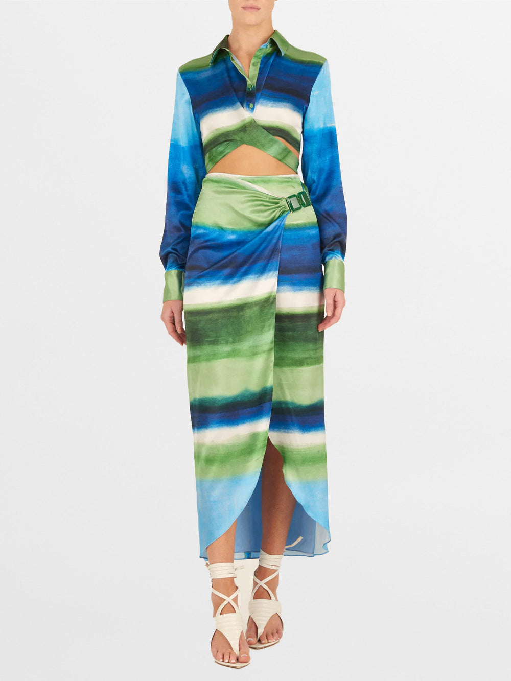 Marcel Blouse Washed Emerald Blue with blue and green watercolor design on a white background.