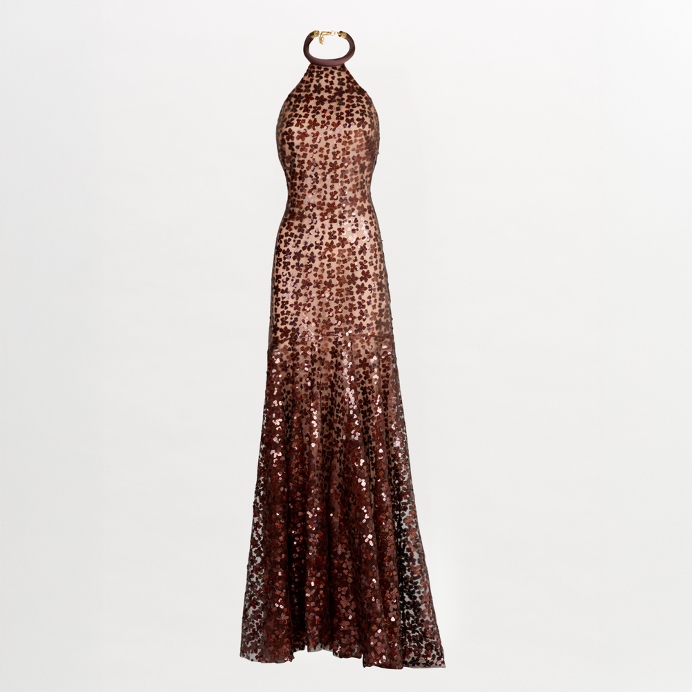 A brown Terni Dress Bronze Night Bloom with bronze sequin detailing on a mannequin.