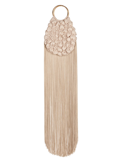 Elegant Toblach Bag Beige macramé wall hanging with tassel fringe and a top loop for hanging, ready to order for shipping.