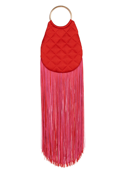Toblach Bag Vermillion Pink quilted clutch purse with a circular handle and long fringe, ready to ship, isolated on a white background.