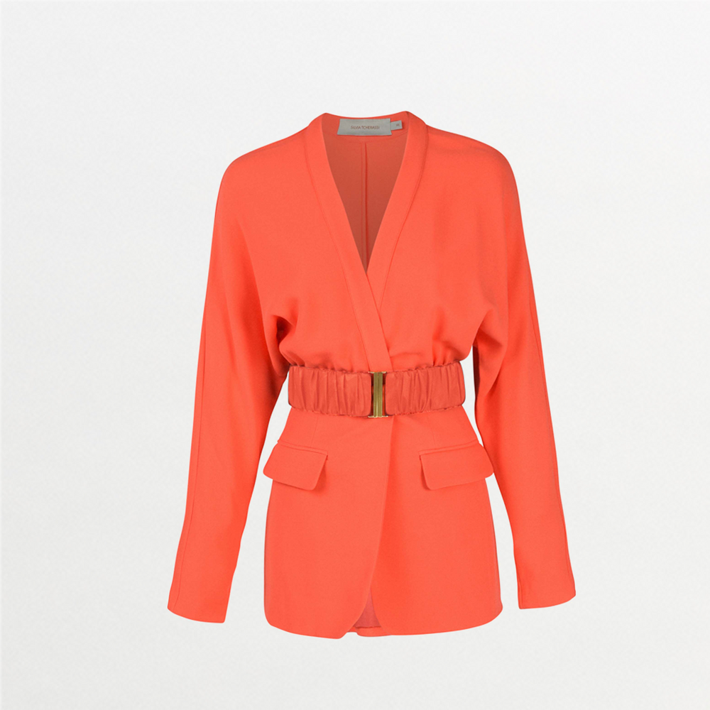 Bright Vogogna Jacket Tangerine with a cinched waist, belt detail, and flap pockets, displayed on a white background.