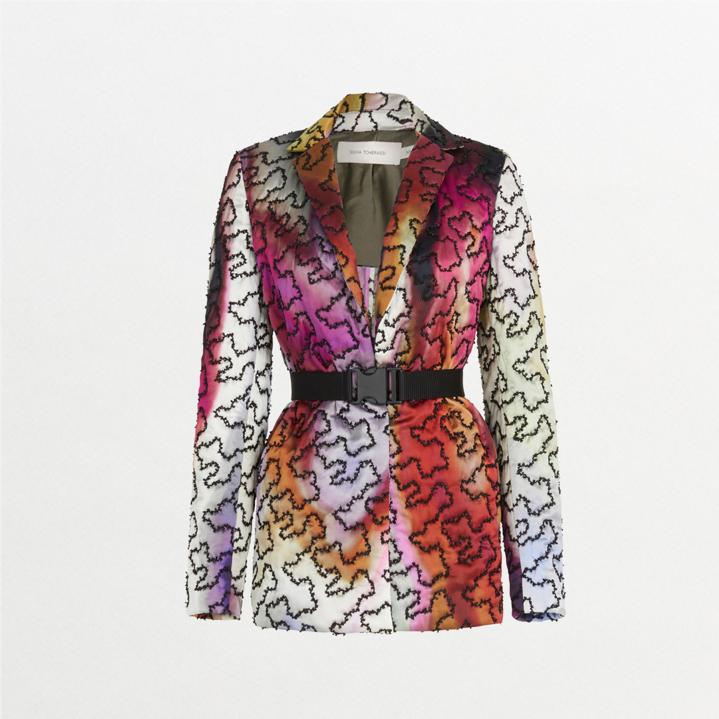 A Yarah Jacket Iridescent Marble with a belt and printed florals.
