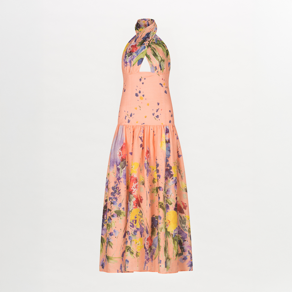 A Zaira Dress Apricot Spring Garden with a multicolor floral print.