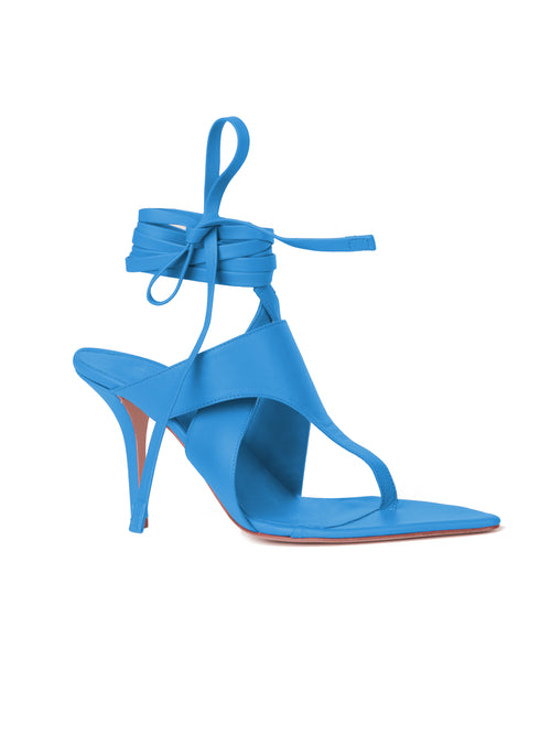 A Domenico Heels Cool Sky high-heeled sandal with straps that wrap around the ankle, crafted from Italian leather, isolated on a white background.