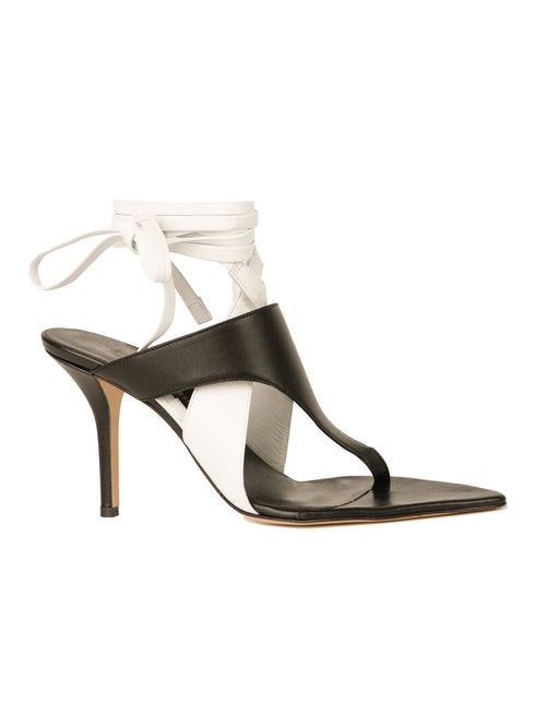 Domenico Heels Black/White made from Italian leather with ankle straps on a white background.