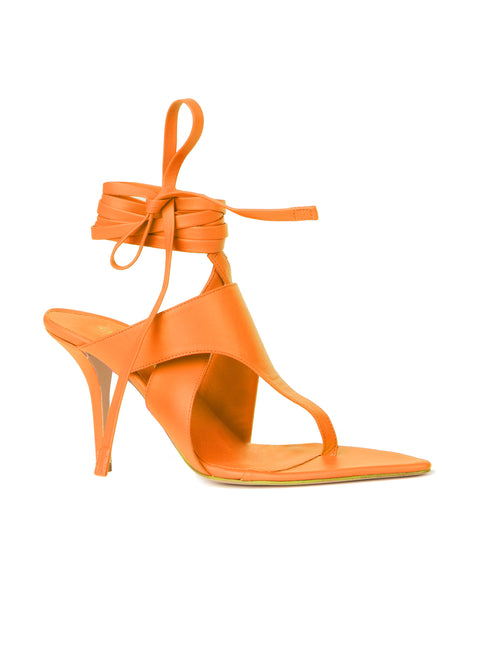Domenico Heels Orange Italian leather high-heeled sandal with straps that wrap around the ankle, isolated on a white background.
