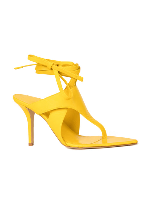 Domenico Heels Limoncello with ankle ties, crafted from Italian leather, on a white background.