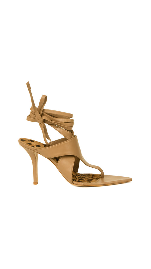 A Domenico Heels Taupe with straps and a sculptural heel, crafted from Italian leather, displayed against a white background.