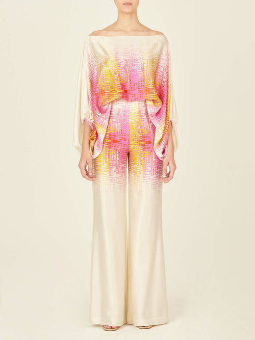 A silk Como Pant White Digital with an abstract pattern in white and pink, perfect for Spring 2023.
