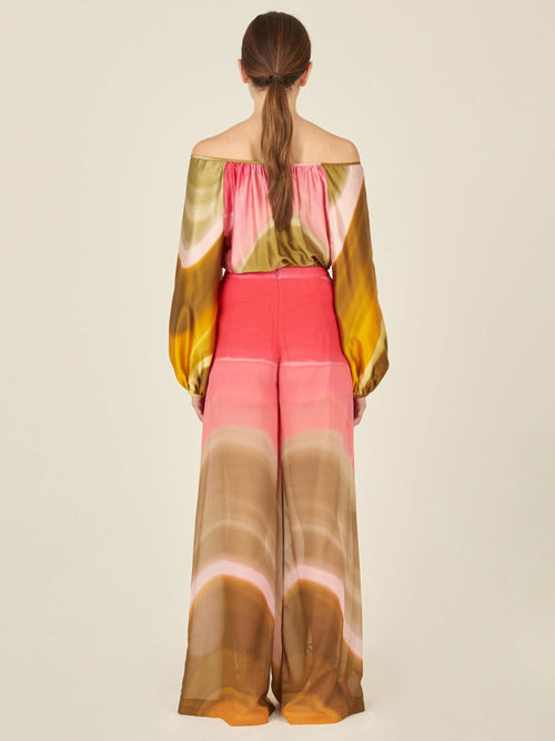 A Dariela Top Olive/Pink printed silk off the shoulder top.