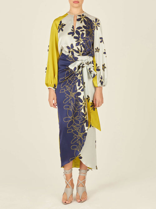 A women's Bonnan Skirt Navy Citrine with a floral print of yellow and blue flowers.