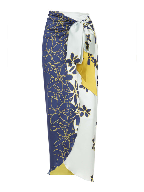 A women's Bonnan Skirt Navy Citrine with a floral print of yellow and blue flowers.