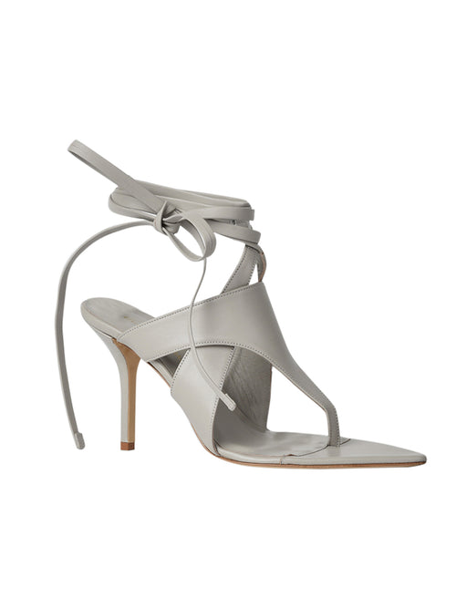 Domenico Heels Gray Italian leather high-heeled sandal with a thin stiletto heel, pointed toe, and ankle ties against a white background.