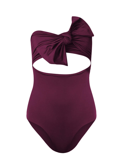 Costanzo One Piece Plum swimsuit with a cut-out design and a Silvia Tcherassi bow detail at the bust.