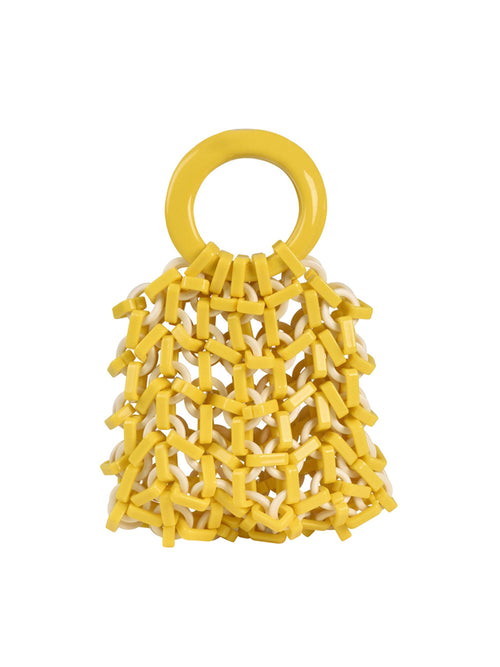 Omegna Handbag Yellow/White with ring-shaped handles on a white background.