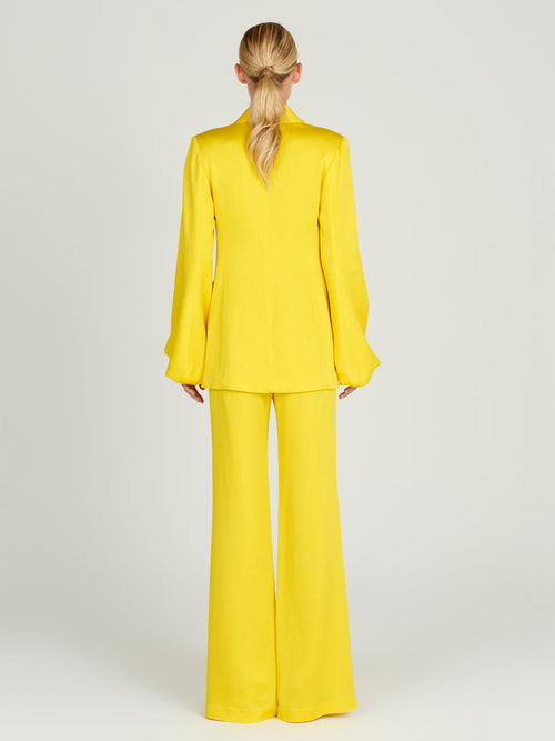 A woman's Palermo Pant Yellow high-waist wide leg pants on a mannequin.