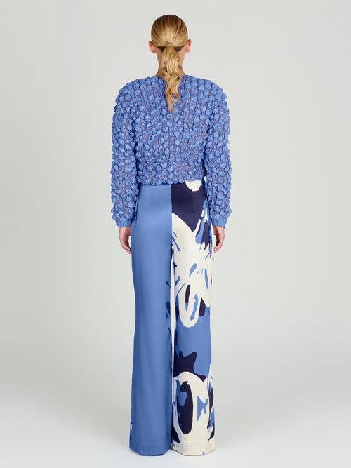 Blue and white Andie Pant Celeste Bloom with a unique print, are perfect for those who love wide-legged trousers.