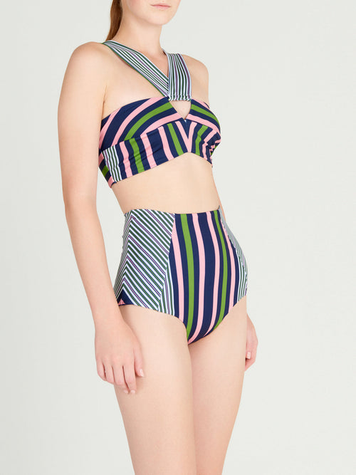 A Olga Bikini Top + Hilaria Bikini Bottom Multicolor set with a halter top in lycra fabric.