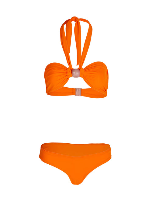 A Valderice Bikini Top + Fermina Bikini Bottom Orange set featuring halter top and seamless bottom, set against a white background.